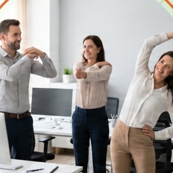 Trois collaborateurs réalisent une pause active au bureau