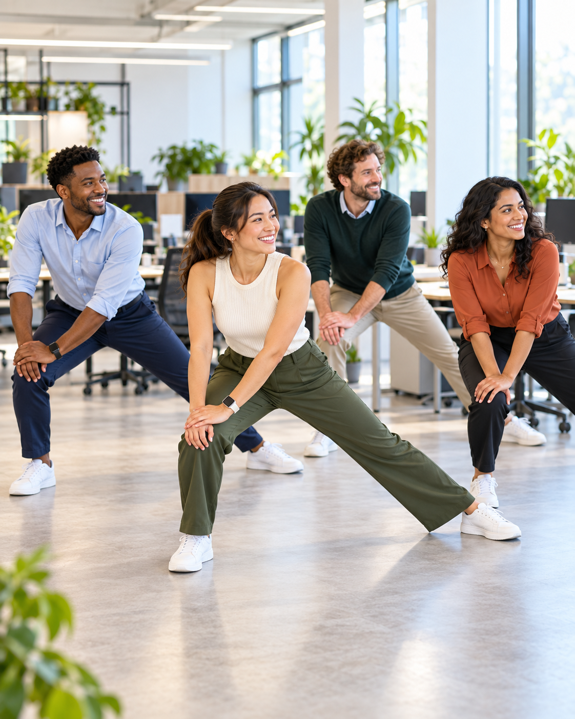 Quatre collaborateurs réalisent ensemble un mouvement d’étirement des jambes dans un espace de travail